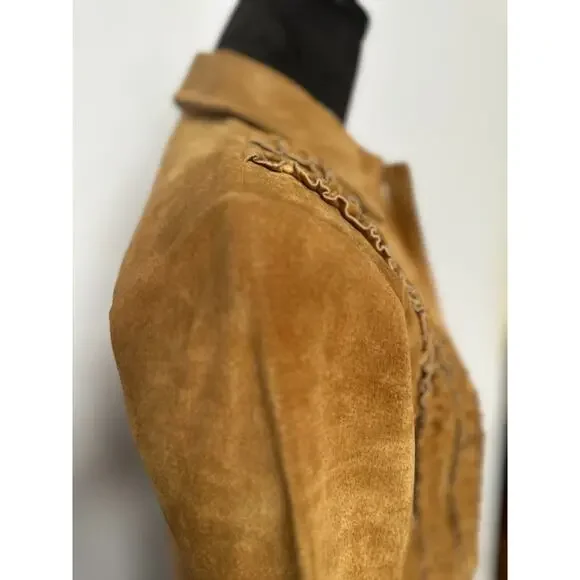 Margaret Godfrey Vintage Suede Jacket M Boho Western Ruffle Button Down Camel - Picture 6 of 12